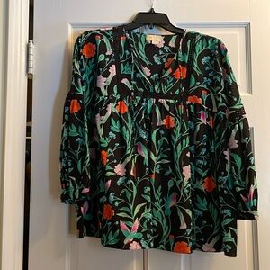 Kate spade 100%silk garden floral hummingbird lace trim 3/4 sleeve Size 6